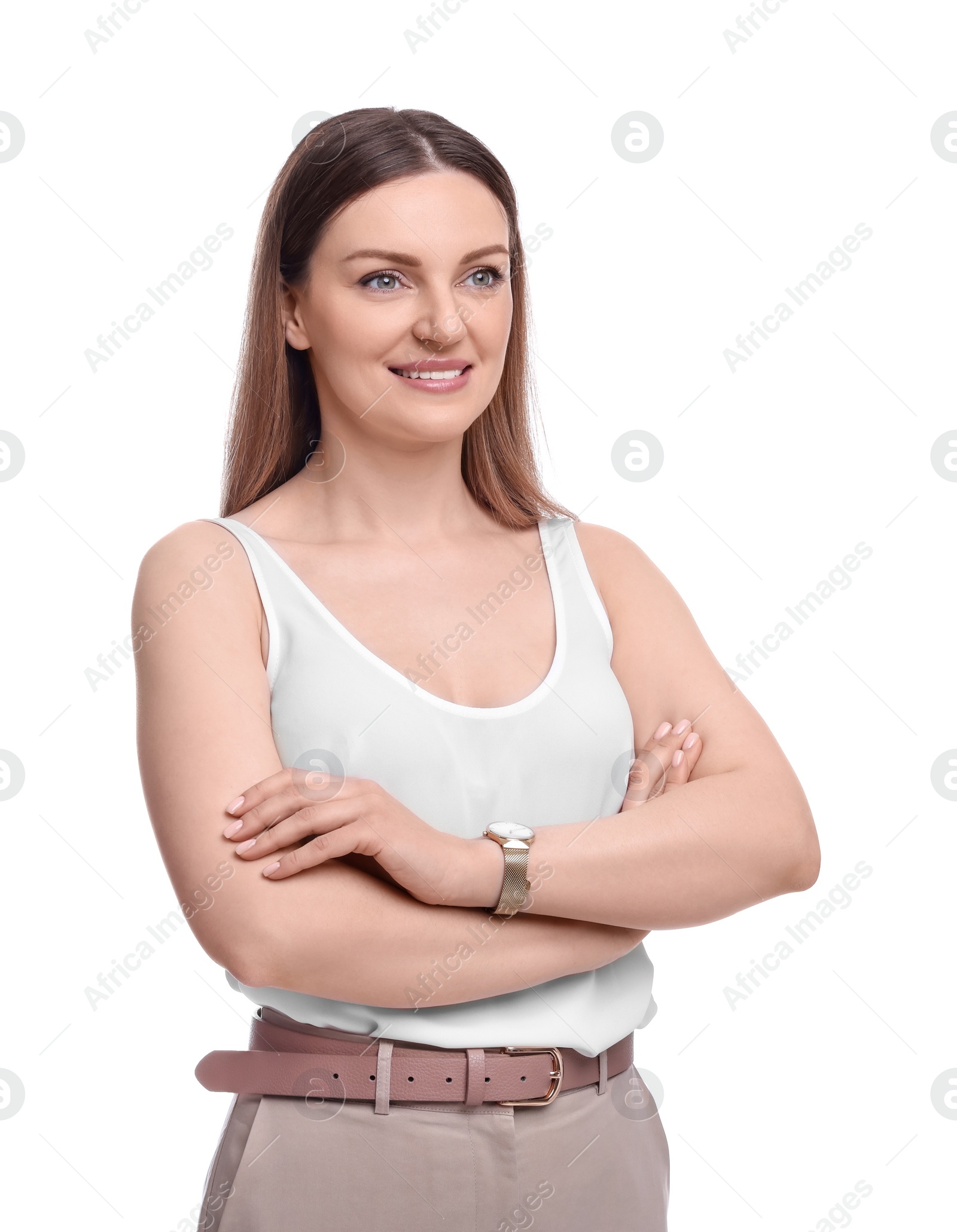 Photo of Beautiful happy businesswoman crossing arms on white background