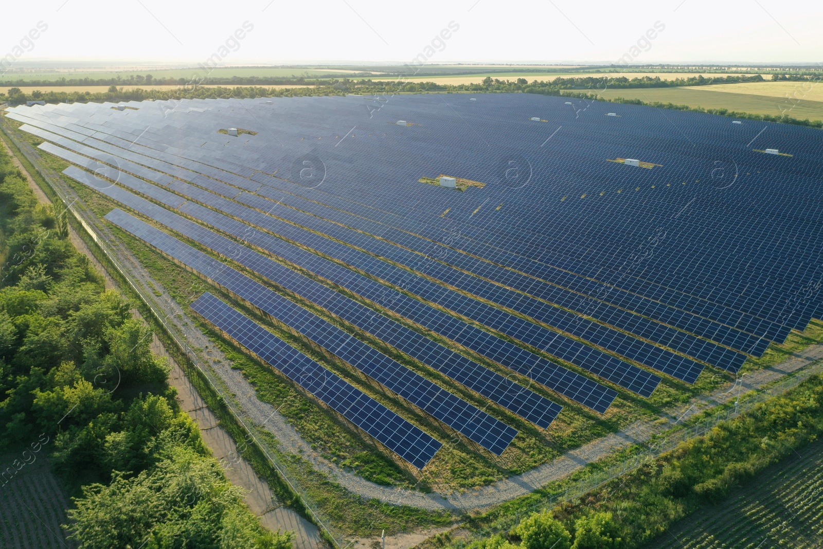 Photo of Solar panels installed outdoors, aerial view. Alternative energy source