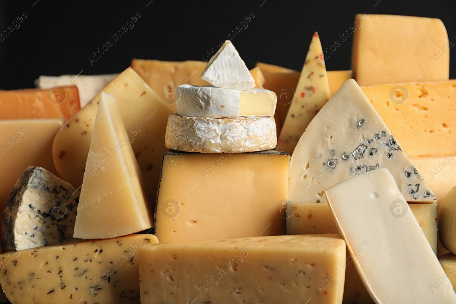 Photo of Many different types of delicious cheese, closeup