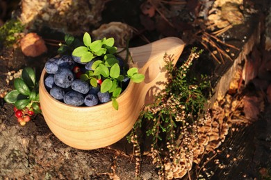 Wooden mug full of fresh ripe blueberries and lingonberries on stump outdoors