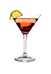 Photo of Glass of cocktail with martini and lemon on white background