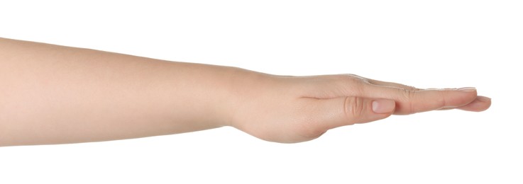 Photo of Playing rock, paper and scissors. Woman showing paper sign on white background, closeup