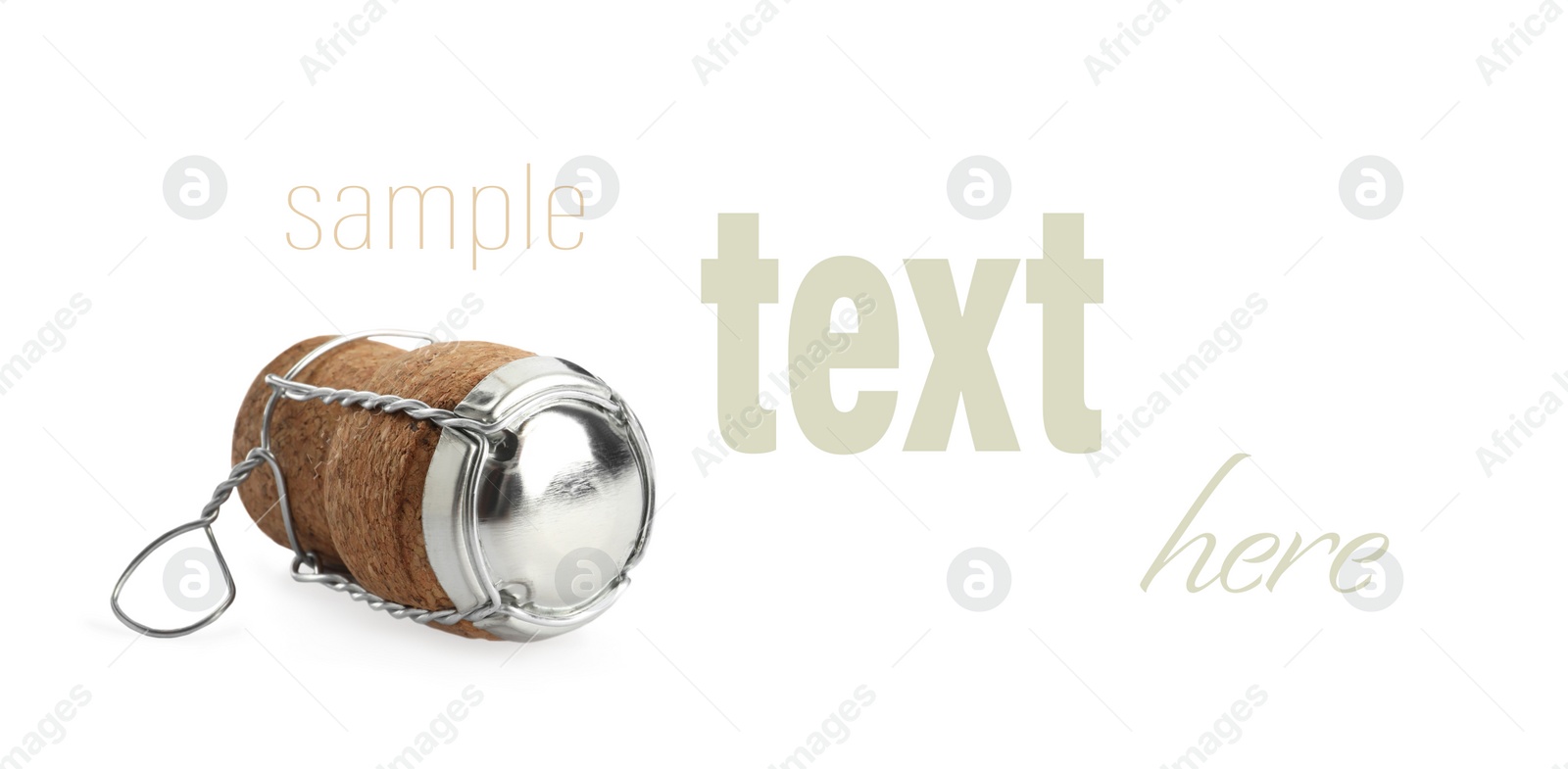 Image of Sparkling wine cork with muselet cap on white background, banner design. Space for design