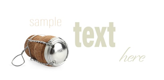 Image of Sparkling wine cork with muselet cap on white background, banner design. Space for design