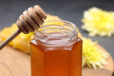 Photo of Sweet honey in jar and dipper on table, closeup