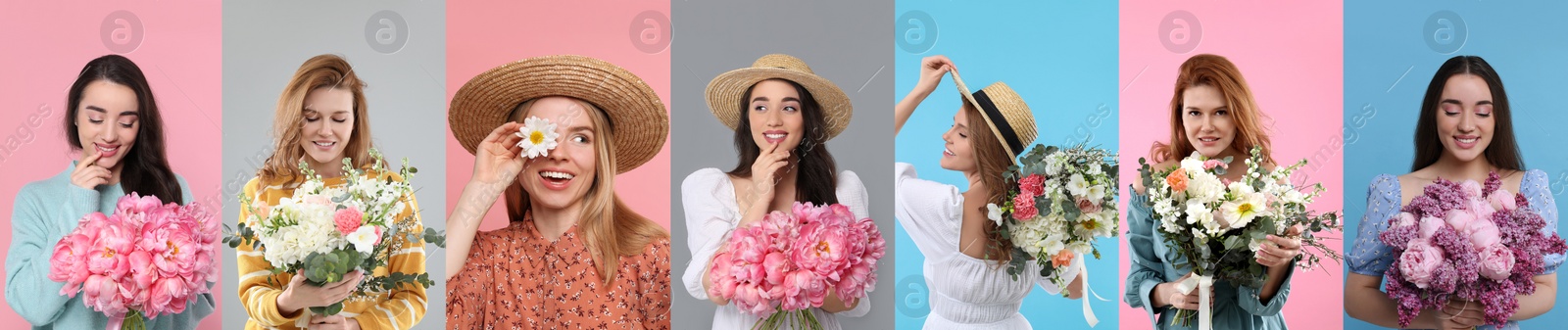 Image of 8 March - Happy Women's Day. Charming ladies with beautiful flowers on different colors backgrounds, collage