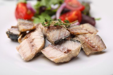 Photo of Delicious canned mackerel chunks with salad on white plate, closeup