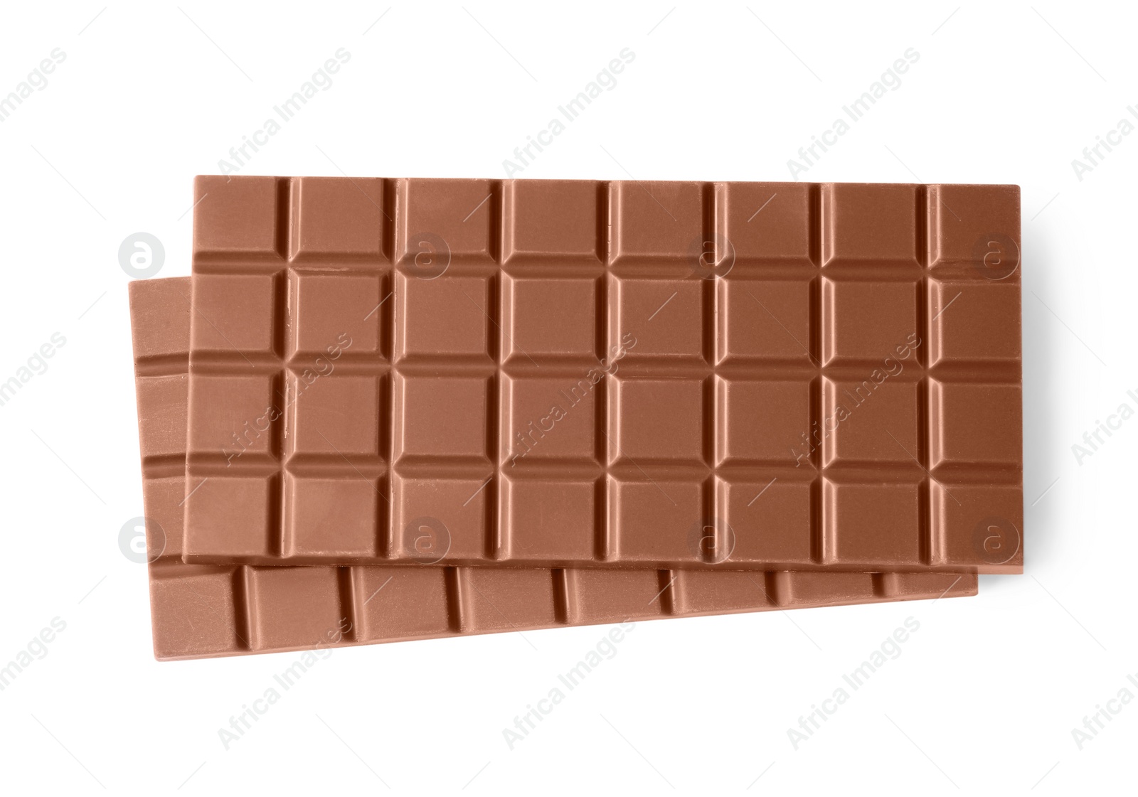 Photo of Delicious milk chocolate bars isolated on white, top view