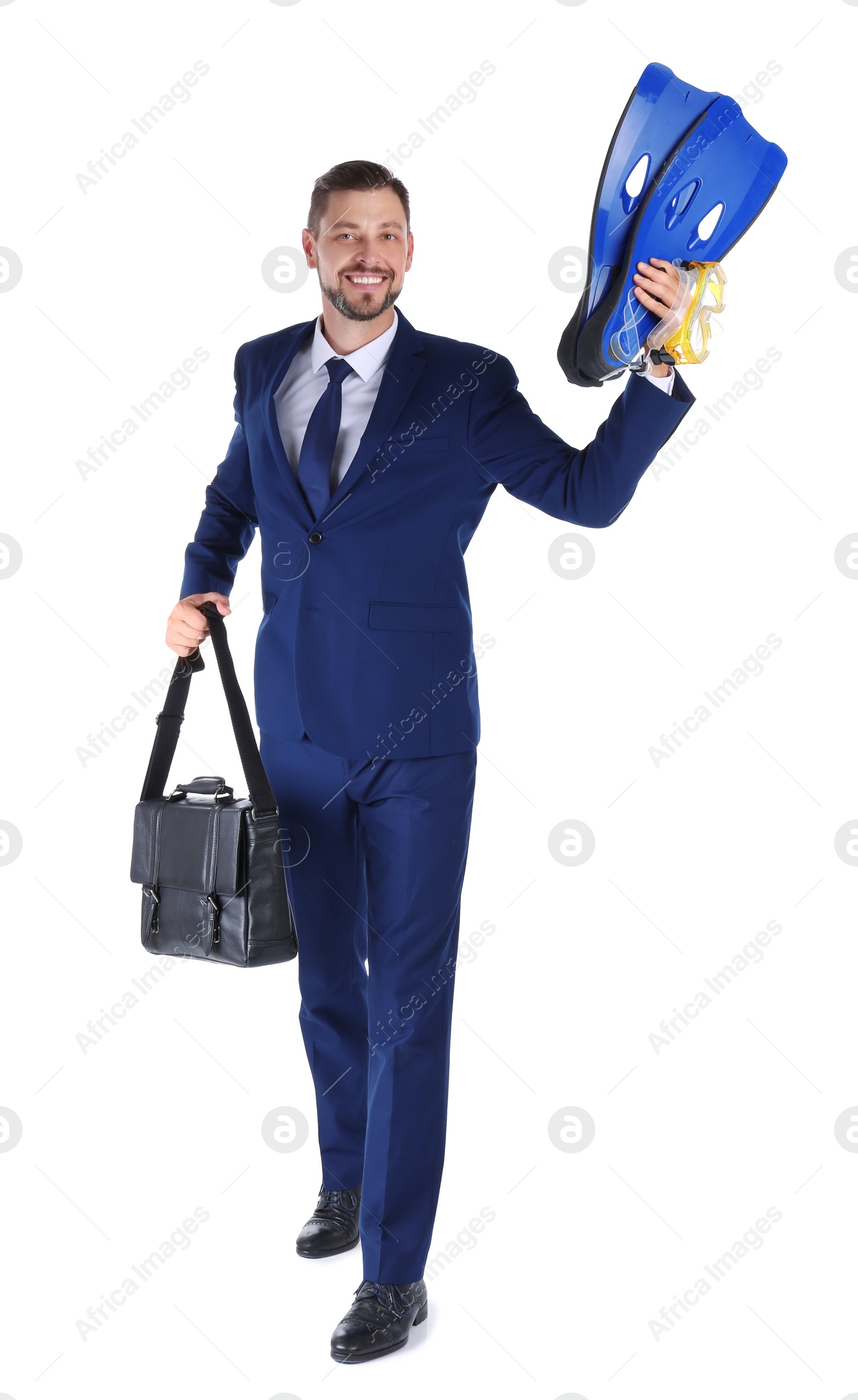 Photo of Businessman with diving equipment and briefcase on white background. Combining life and work