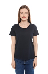 Young woman in t-shirt on white background. Mock up for design