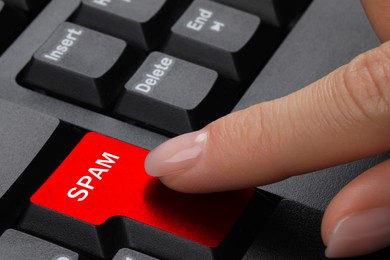 Woman pressing red button with word Spam on computer keyboard, closeup