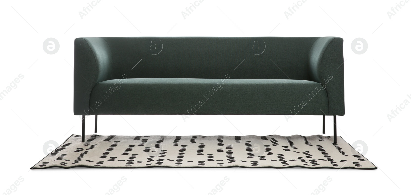 Photo of Comfortable green sofa and carpet white background. Furniture for living room interior