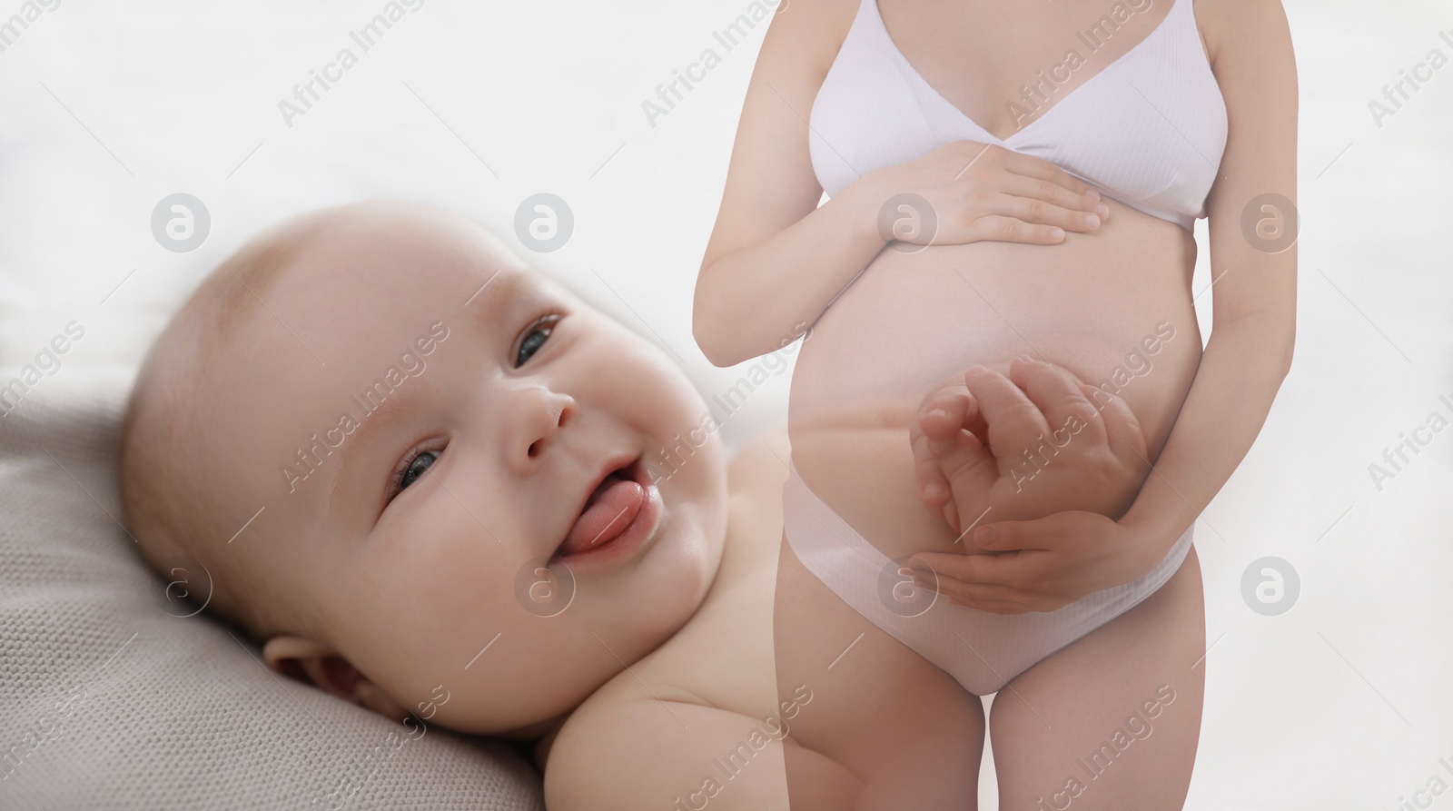 Image of Double exposure of pregnant woman and cute baby on white background