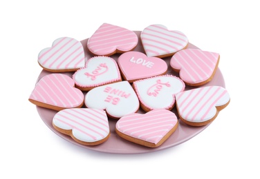 Photo of Delicious heart shaped cookies on white background. Valentine's Day