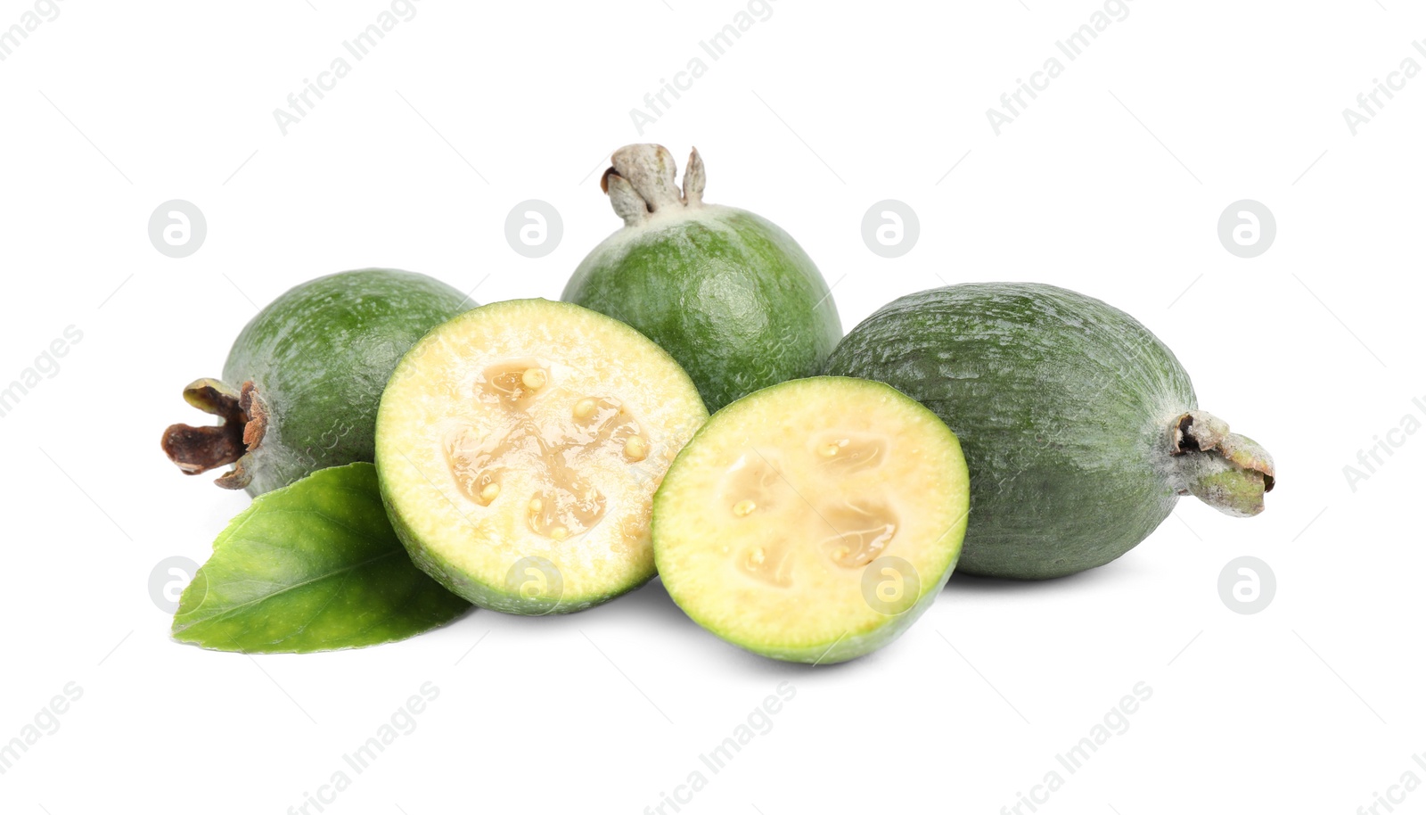 Photo of Pile of feijoas and leaf on white background