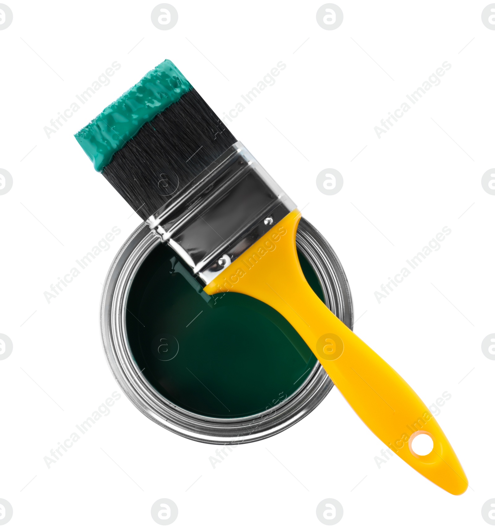 Photo of Paint can and brush on white background, top view