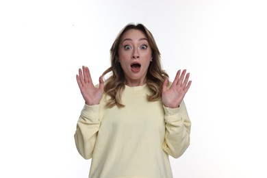 Photo of Portrait of surprised woman on white background