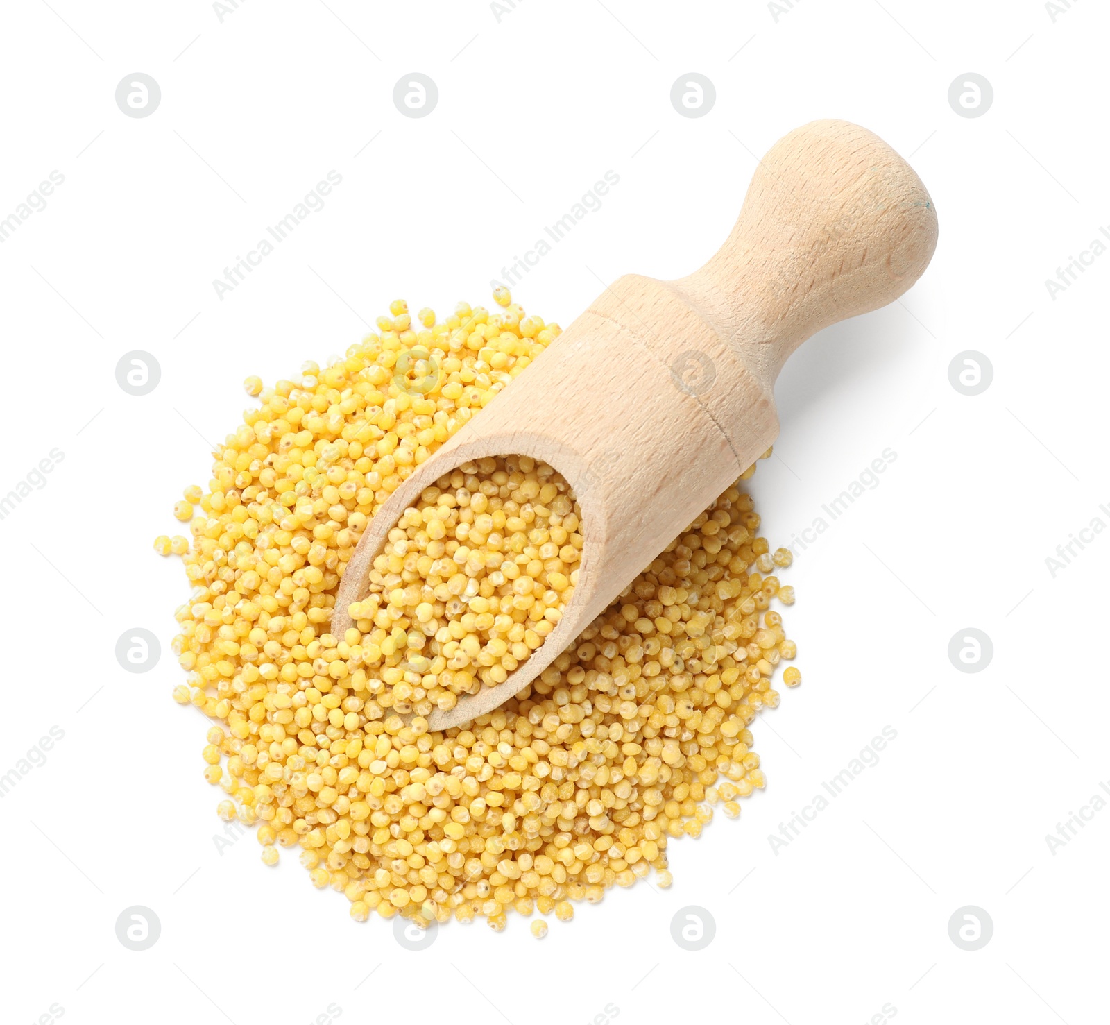 Photo of Wooden scoop with millet groats isolated on white, top view