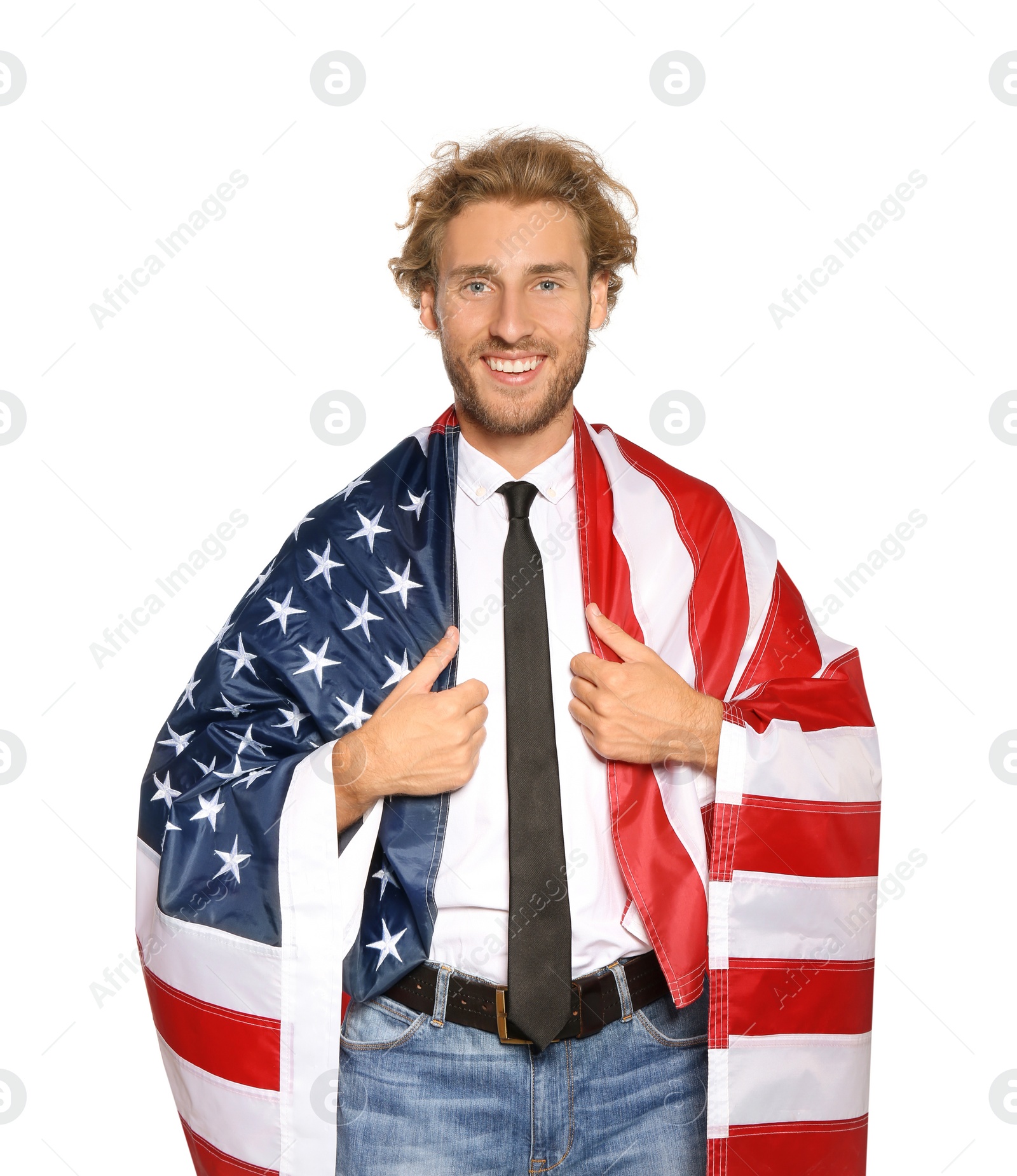 Photo of Young man with American flag on white background