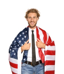 Photo of Young man with American flag on white background