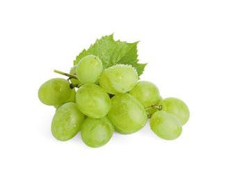 Photo of Fresh grapes with leaf and water drops isolated on white