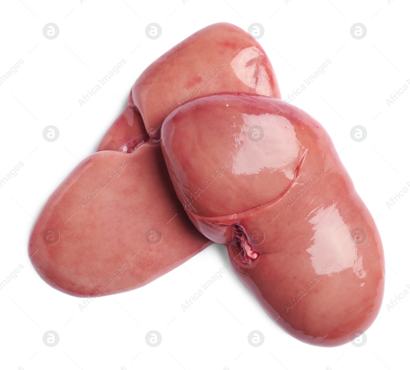 Photo of Fresh raw pork kidneys on white background, top view