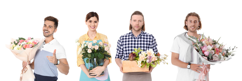 Image of Collage of florists with flowers on white background. Banner design