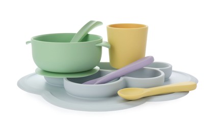 Set of plastic dishware on white background. Serving baby food