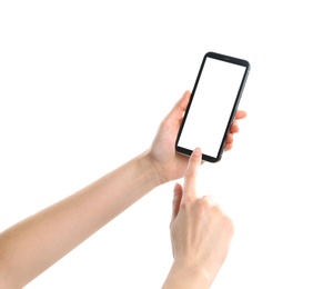 Photo of Woman holding smartphone with blank screen on white background, closeup of hands. Space for text