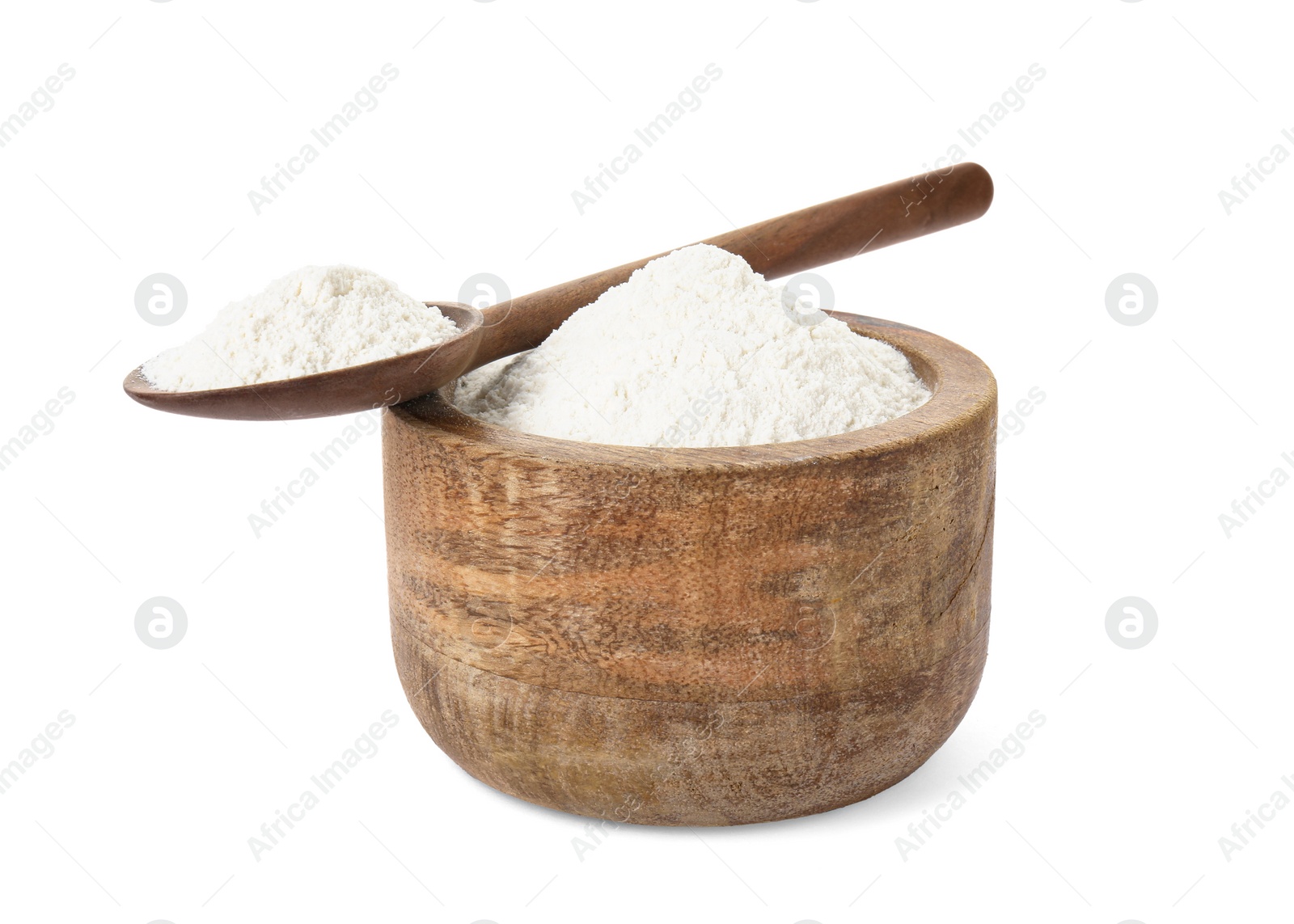 Photo of Baking powder in bowl and spoon isolated on white