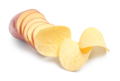 Photo of Raw potato and tasty chips on white background