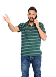 Photo of Portrait of handsome young man with mobile phone on white background