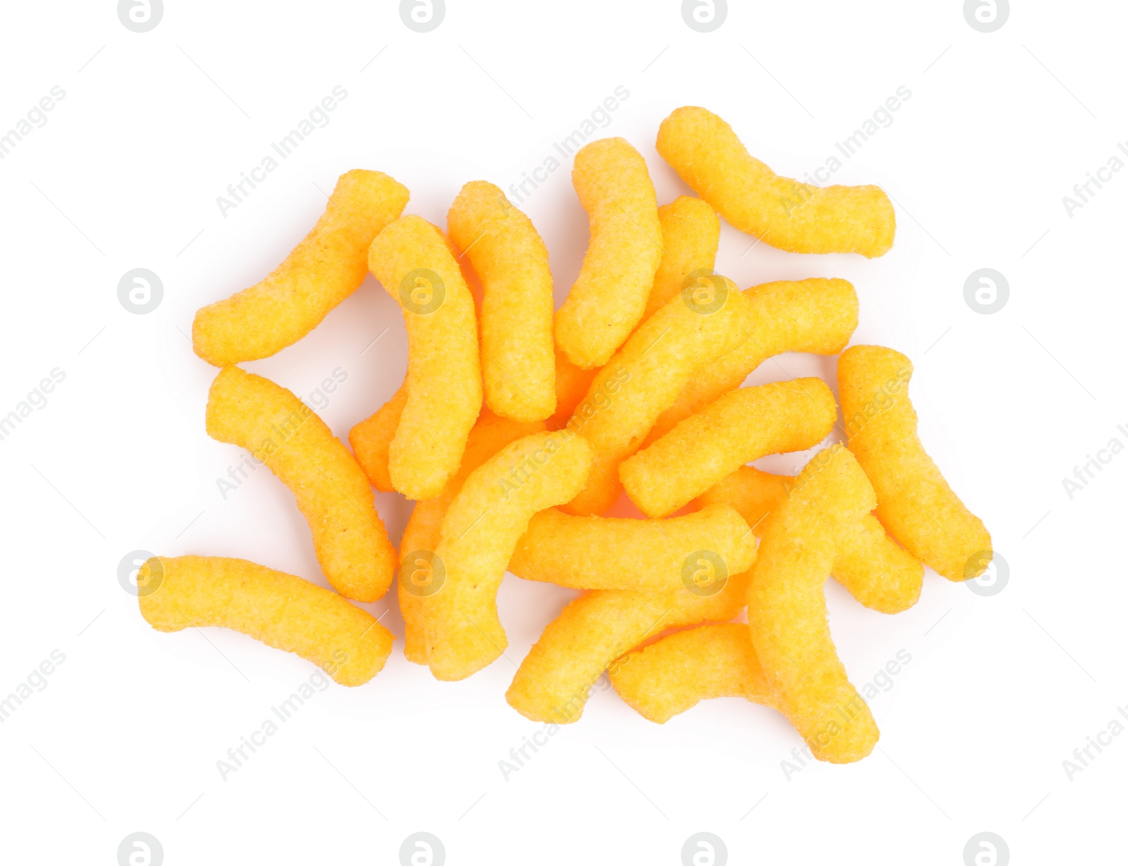 Photo of Many tasty cheesy corn puffs isolated on white, top view