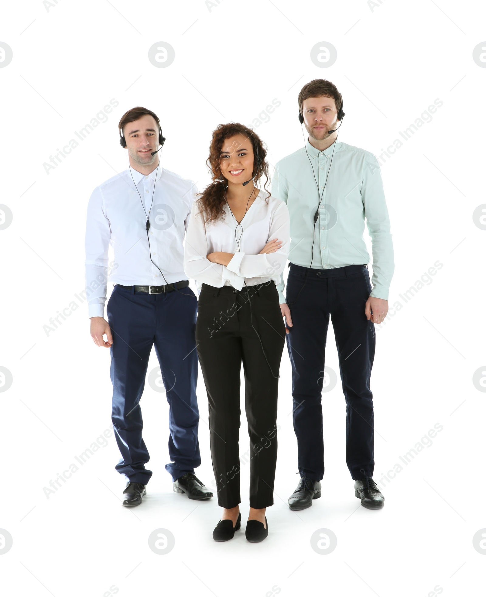 Photo of Team of technical support with headsets isolated on white