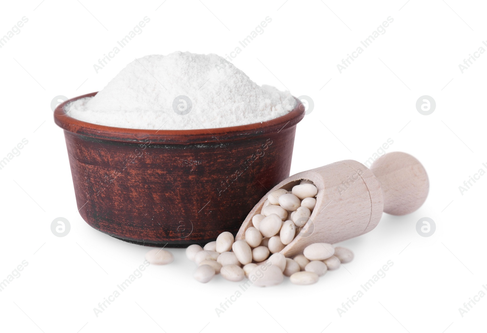 Photo of Bowl with flour, wooden scoop and kidney beans isolated on white