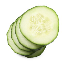 Stack of fresh cut cucumber isolated on white, top view