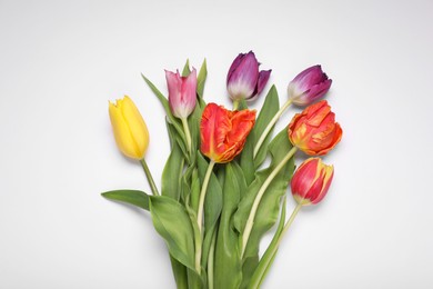 Photo of Beautiful colorful tulip flowers on white background, flat lay