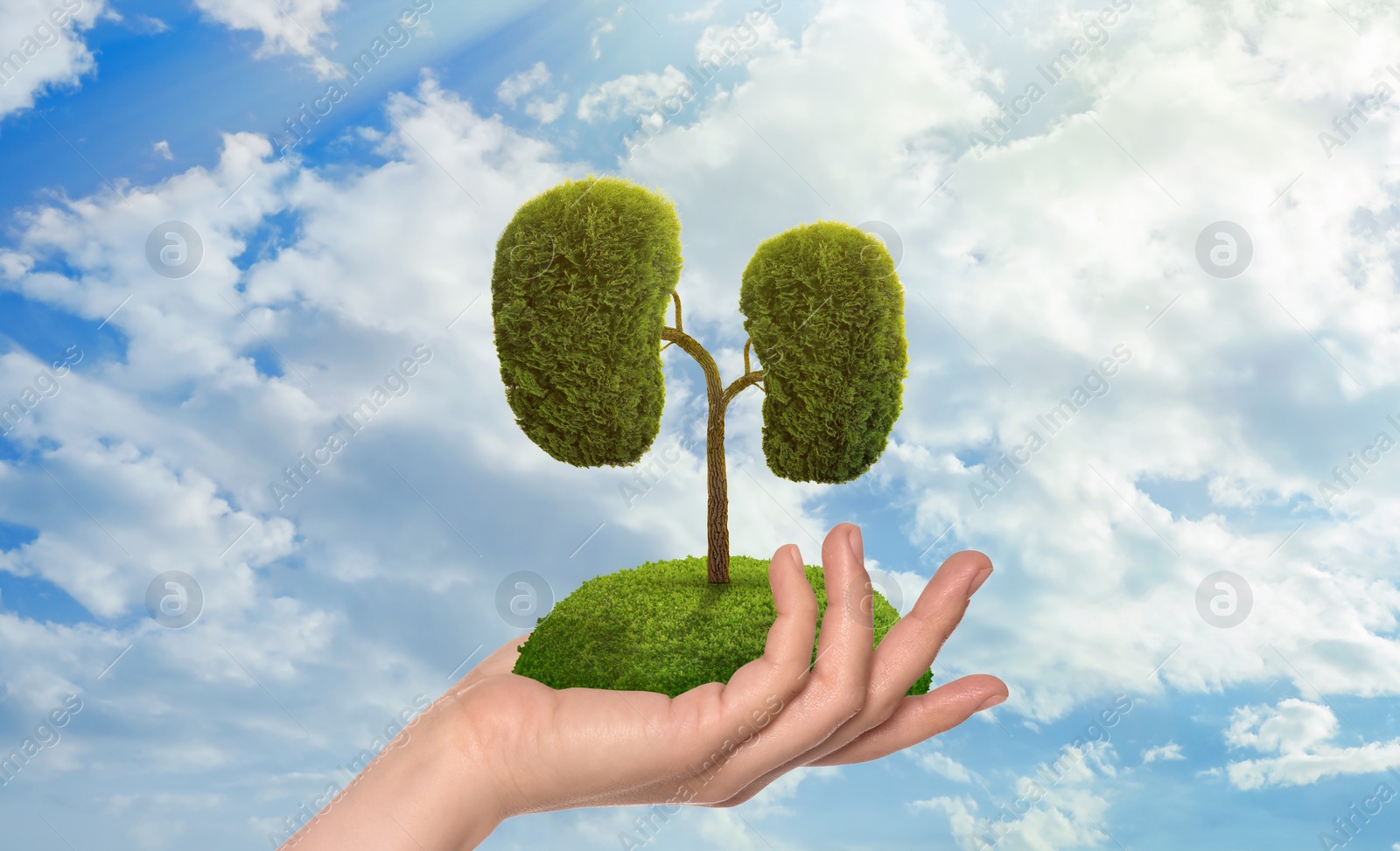 Image of Closeup view of woman with tree in shape of human kidneys against blue sky. Health care concept