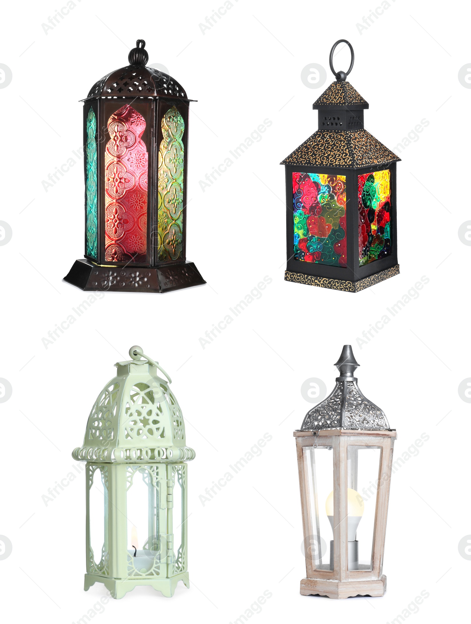 Image of Set with different traditional Arabic lanterns on white background 