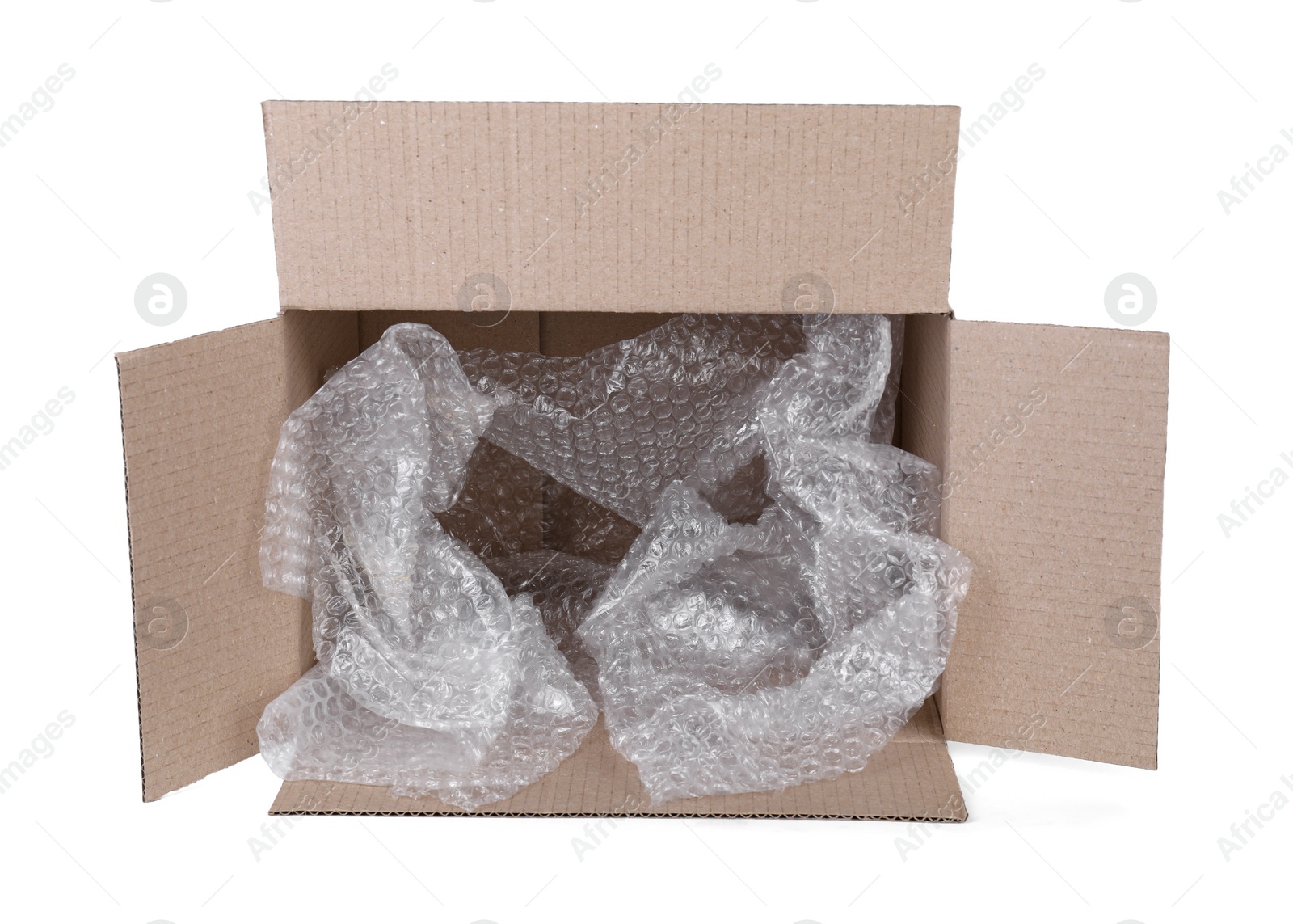 Photo of Transparent bubble wrap in cardboard box isolated on white