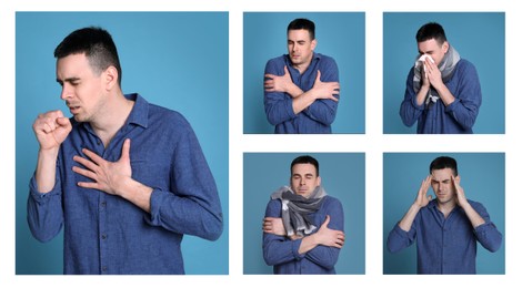 Image of Collage with photos of man with cold symptoms on white background. Banner design