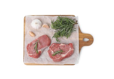 Photo of Fresh raw meat with rosemary and spices isolated on white, top view