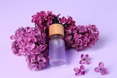 Photo of Bottle with essential oil and lilac flowers on violet background