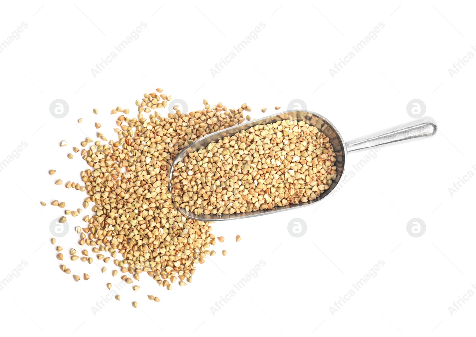 Photo of Scoop with green buckwheat isolated on white, top view