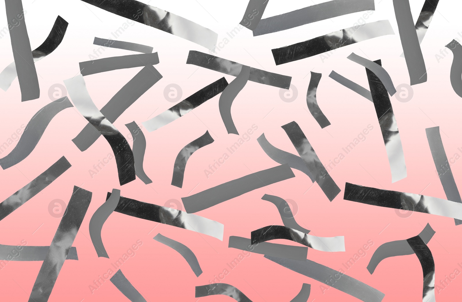 Image of Shiny silver confetti falling on gradient red background