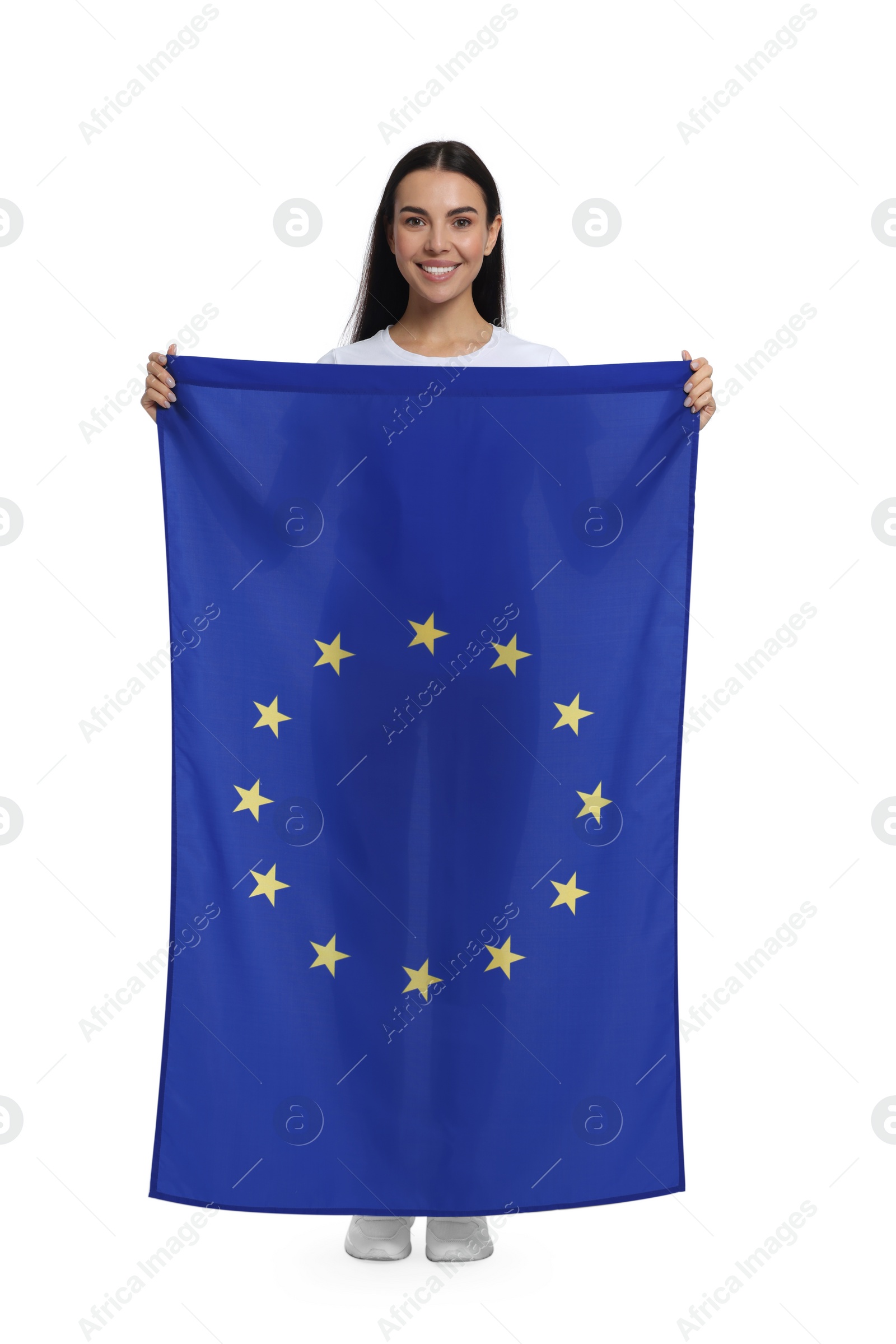 Photo of Woman holding European Union flag on white background