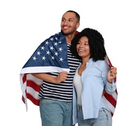 Image of 4th of July - Independence day of America. Happy couple with national flag of United States on white background
