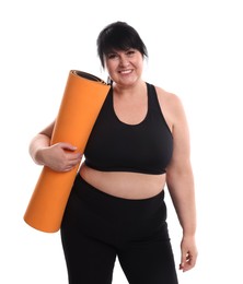 Happy overweight mature woman with yoga mat on white background