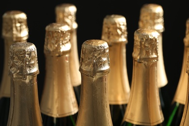 Many bottles of champagne on dark background, closeup