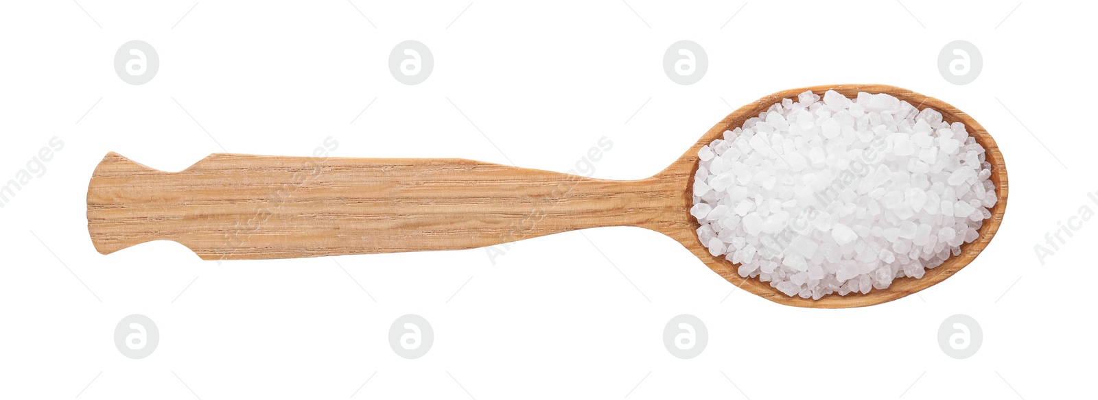 Photo of Wooden spoon with natural sea salt isolated on white, top view